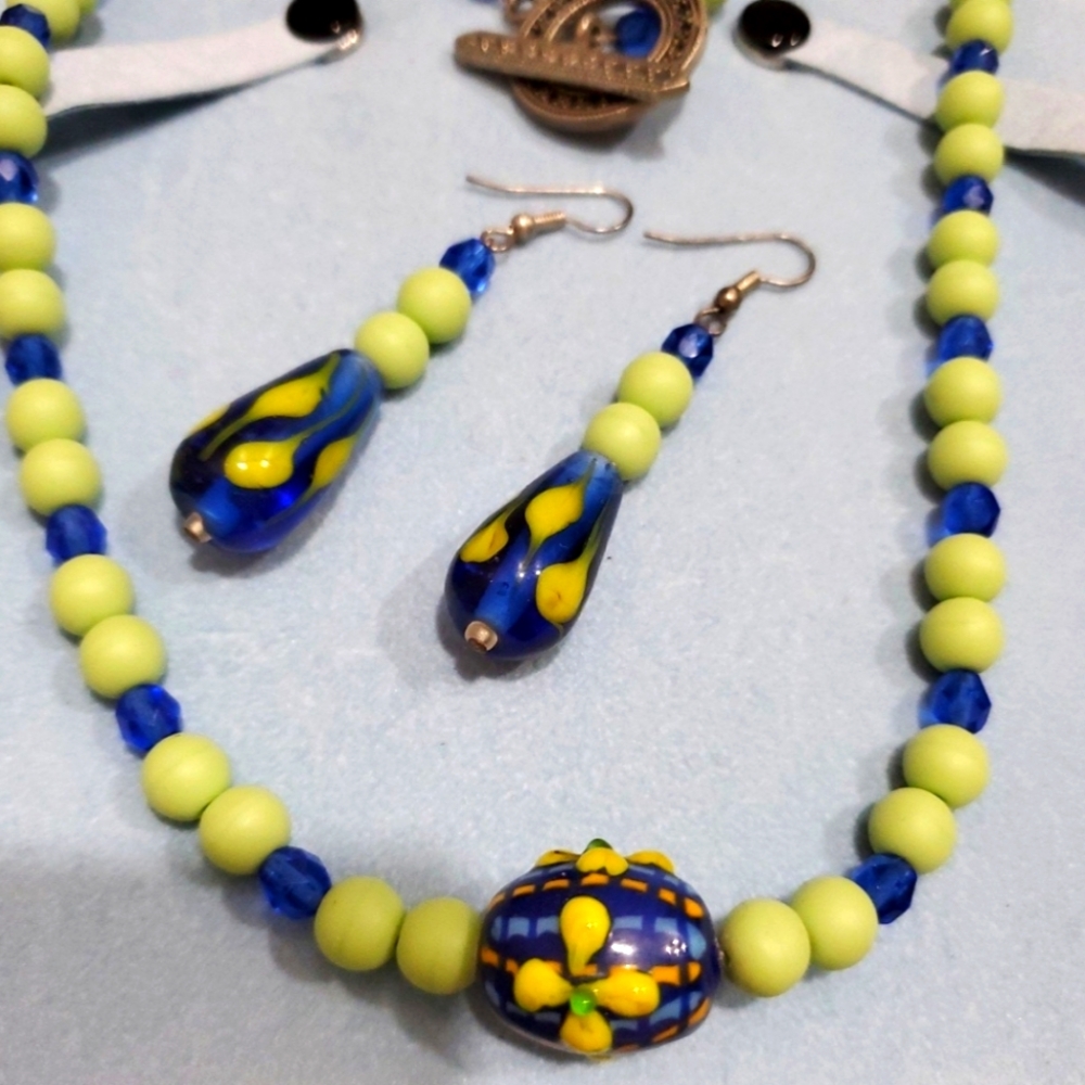 Blue Green and Yellow Glass Beaded Jewelry Set Necklace & Earrings